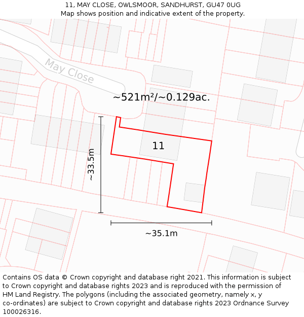 11, MAY CLOSE, OWLSMOOR, SANDHURST, GU47 0UG: Plot and title map