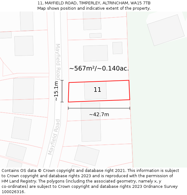 11, MAYFIELD ROAD, TIMPERLEY, ALTRINCHAM, WA15 7TB: Plot and title map