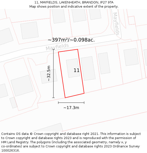 11, MAYFIELDS, LAKENHEATH, BRANDON, IP27 9TA: Plot and title map