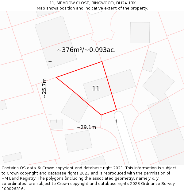 11, MEADOW CLOSE, RINGWOOD, BH24 1RX: Plot and title map