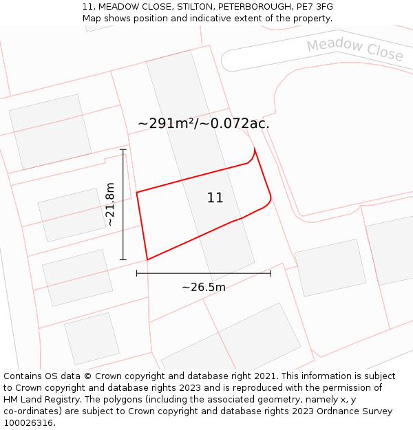 11, MEADOW CLOSE, STILTON, PETERBOROUGH, PE7 3FG: Plot and title map