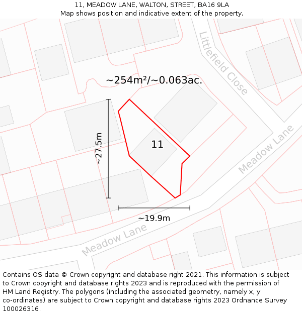 11, MEADOW LANE, WALTON, STREET, BA16 9LA: Plot and title map