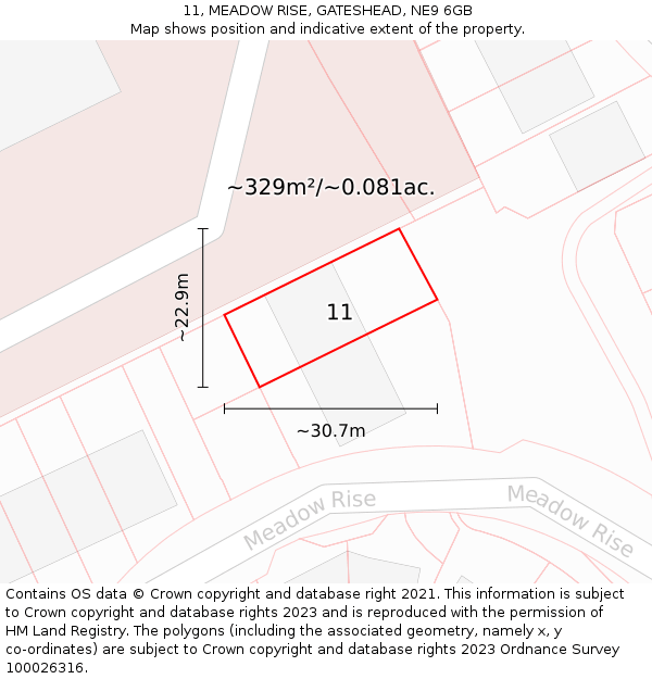 11, MEADOW RISE, GATESHEAD, NE9 6GB: Plot and title map