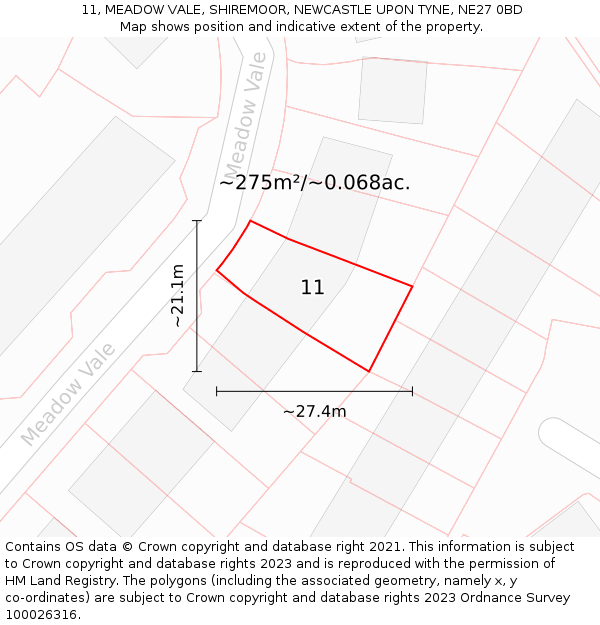 11, MEADOW VALE, SHIREMOOR, NEWCASTLE UPON TYNE, NE27 0BD: Plot and title map