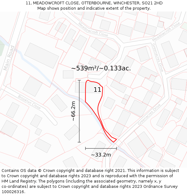 11, MEADOWCROFT CLOSE, OTTERBOURNE, WINCHESTER, SO21 2HD: Plot and title map
