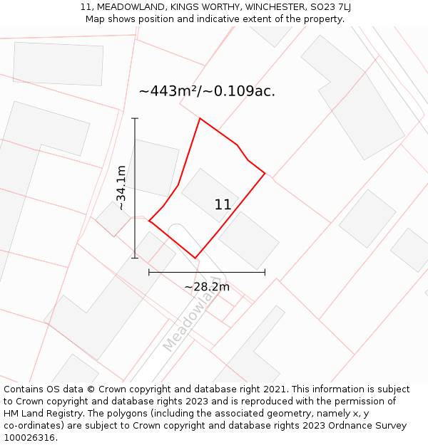 11, MEADOWLAND, KINGS WORTHY, WINCHESTER, SO23 7LJ: Plot and title map