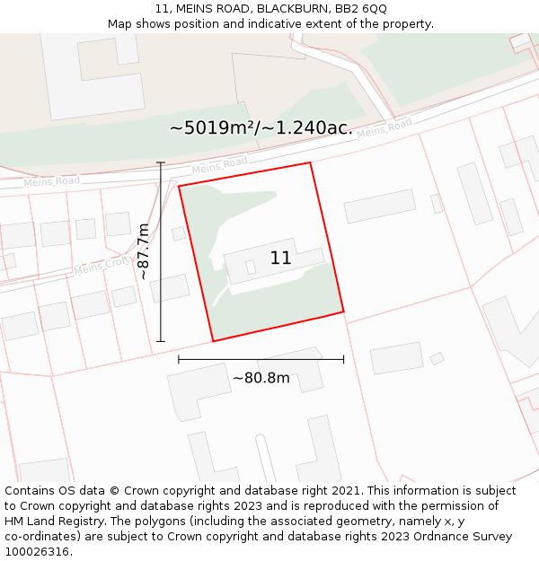 11, MEINS ROAD, BLACKBURN, BB2 6QQ: Plot and title map