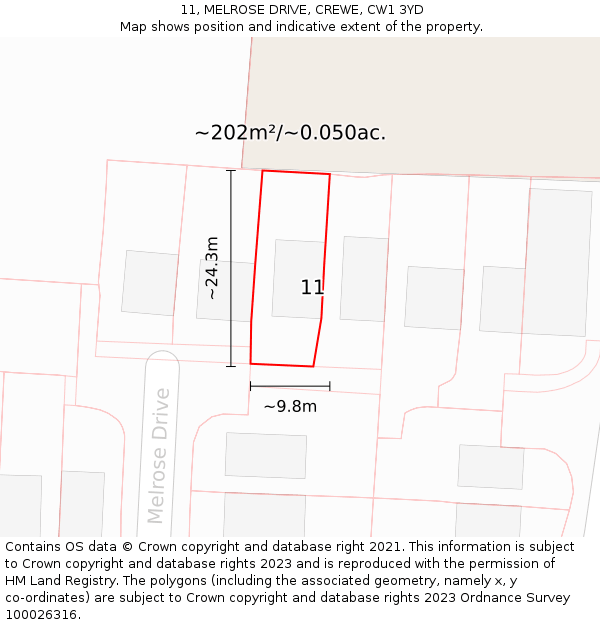 11, MELROSE DRIVE, CREWE, CW1 3YD: Plot and title map