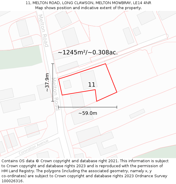 11, MELTON ROAD, LONG CLAWSON, MELTON MOWBRAY, LE14 4NR: Plot and title map