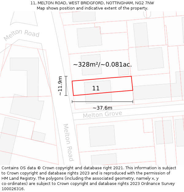 11, MELTON ROAD, WEST BRIDGFORD, NOTTINGHAM, NG2 7NW: Plot and title map