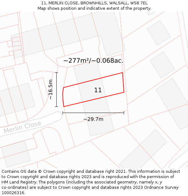 11, MERLIN CLOSE, BROWNHILLS, WALSALL, WS8 7EL: Plot and title map