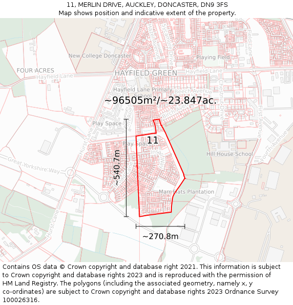 11, MERLIN DRIVE, AUCKLEY, DONCASTER, DN9 3FS: Plot and title map