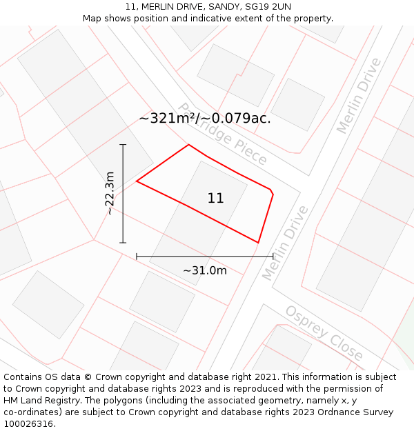 11, MERLIN DRIVE, SANDY, SG19 2UN: Plot and title map