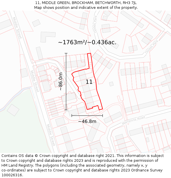 11, MIDDLE GREEN, BROCKHAM, BETCHWORTH, RH3 7JL: Plot and title map