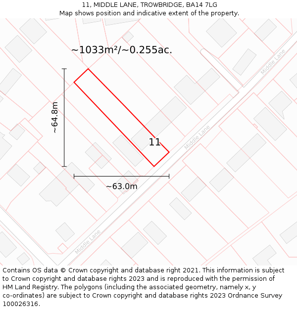 11, MIDDLE LANE, TROWBRIDGE, BA14 7LG: Plot and title map