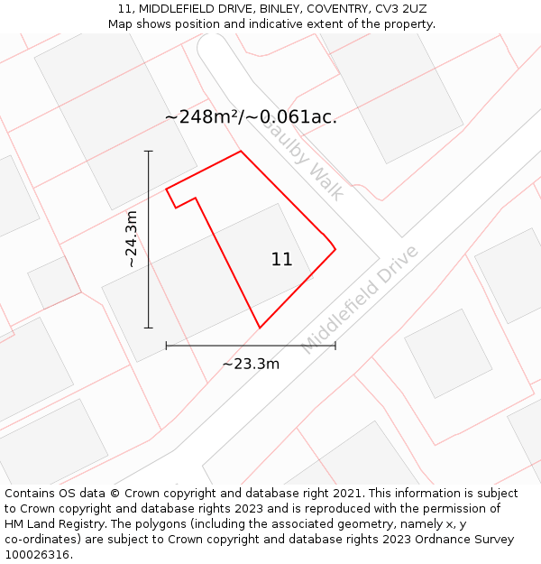 11, MIDDLEFIELD DRIVE, BINLEY, COVENTRY, CV3 2UZ: Plot and title map