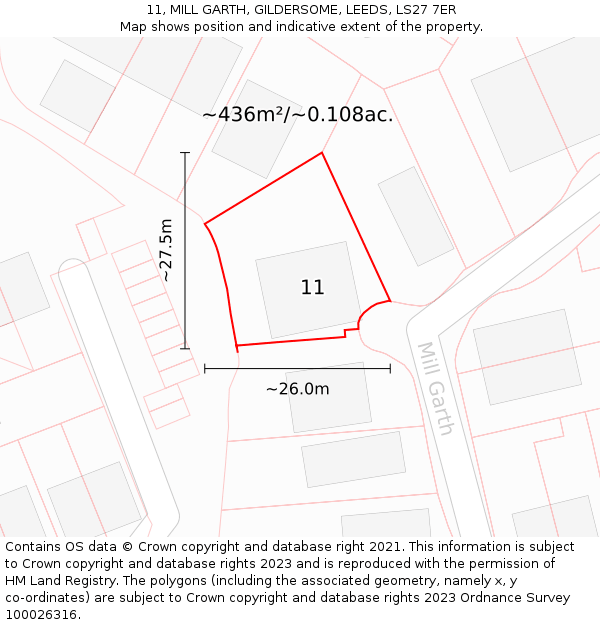 11, MILL GARTH, GILDERSOME, LEEDS, LS27 7ER: Plot and title map