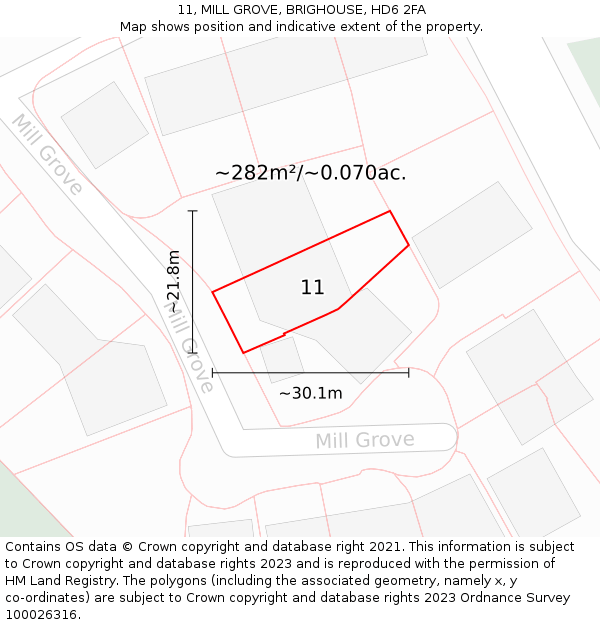 11, MILL GROVE, BRIGHOUSE, HD6 2FA: Plot and title map