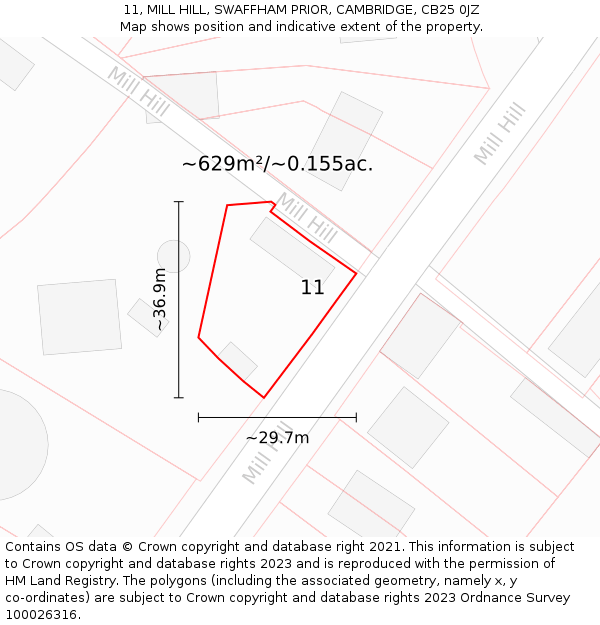 11, MILL HILL, SWAFFHAM PRIOR, CAMBRIDGE, CB25 0JZ: Plot and title map