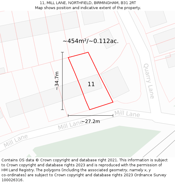 11, MILL LANE, NORTHFIELD, BIRMINGHAM, B31 2RT: Plot and title map