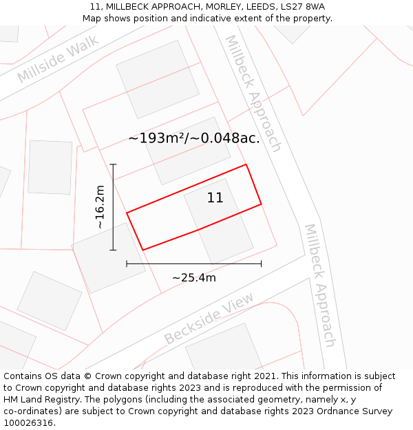 11, MILLBECK APPROACH, MORLEY, LEEDS, LS27 8WA: Plot and title map