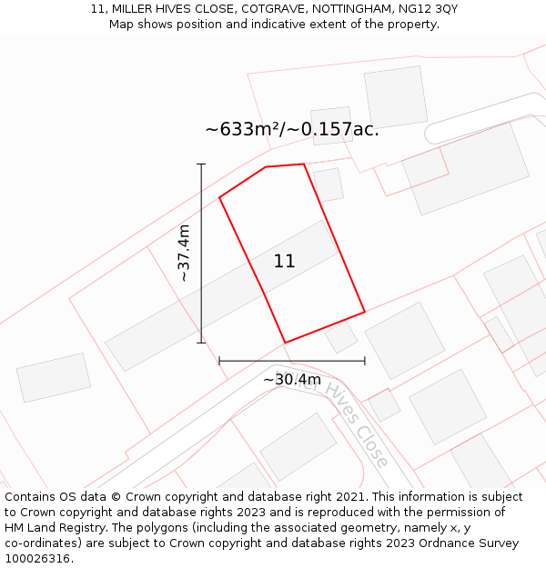 11, MILLER HIVES CLOSE, COTGRAVE, NOTTINGHAM, NG12 3QY: Plot and title map