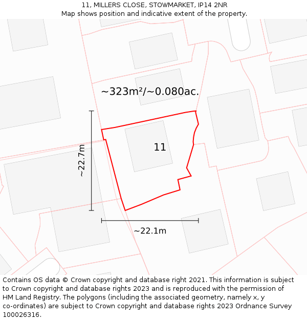 11, MILLERS CLOSE, STOWMARKET, IP14 2NR: Plot and title map