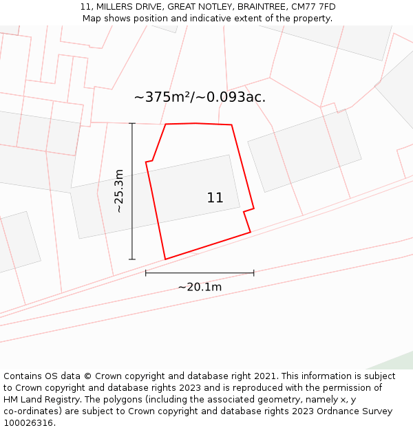 11, MILLERS DRIVE, GREAT NOTLEY, BRAINTREE, CM77 7FD: Plot and title map