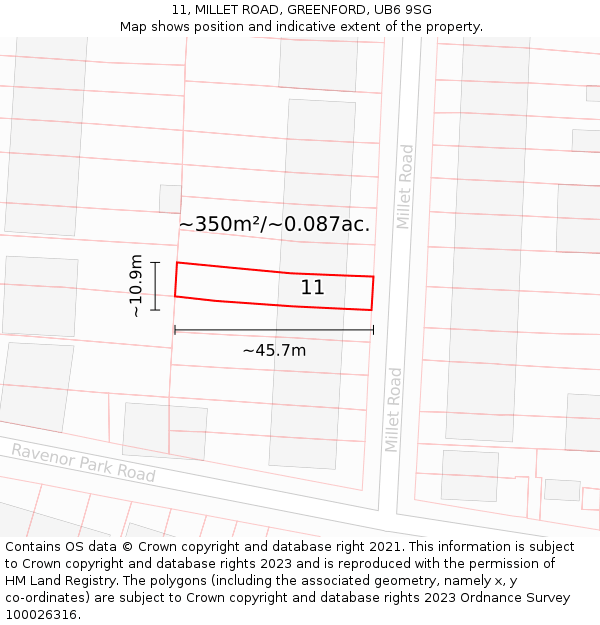 11, MILLET ROAD, GREENFORD, UB6 9SG: Plot and title map