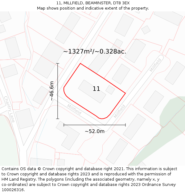11, MILLFIELD, BEAMINSTER, DT8 3EX: Plot and title map
