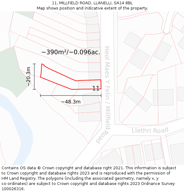 11, MILLFIELD ROAD, LLANELLI, SA14 8BL: Plot and title map