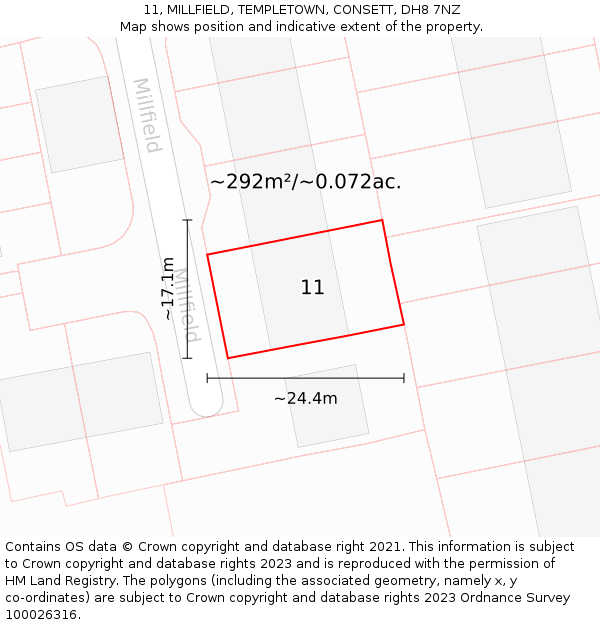 11, MILLFIELD, TEMPLETOWN, CONSETT, DH8 7NZ: Plot and title map