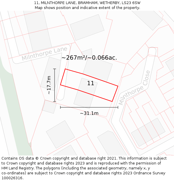 11, MILNTHORPE LANE, BRAMHAM, WETHERBY, LS23 6SW: Plot and title map