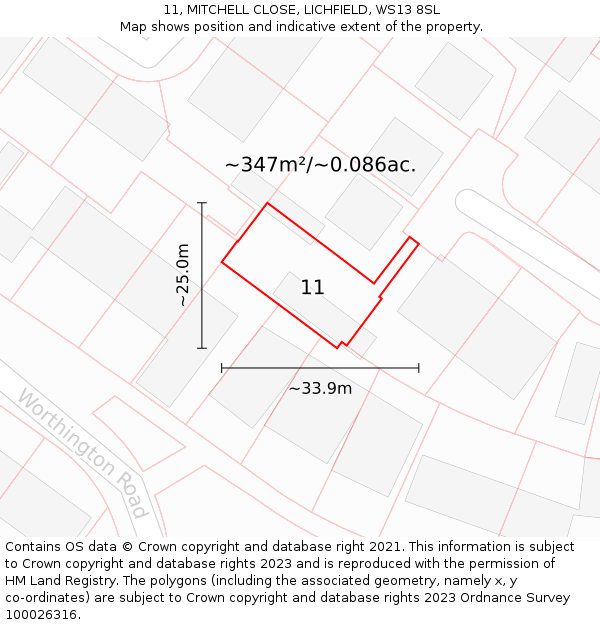 11, MITCHELL CLOSE, LICHFIELD, WS13 8SL: Plot and title map