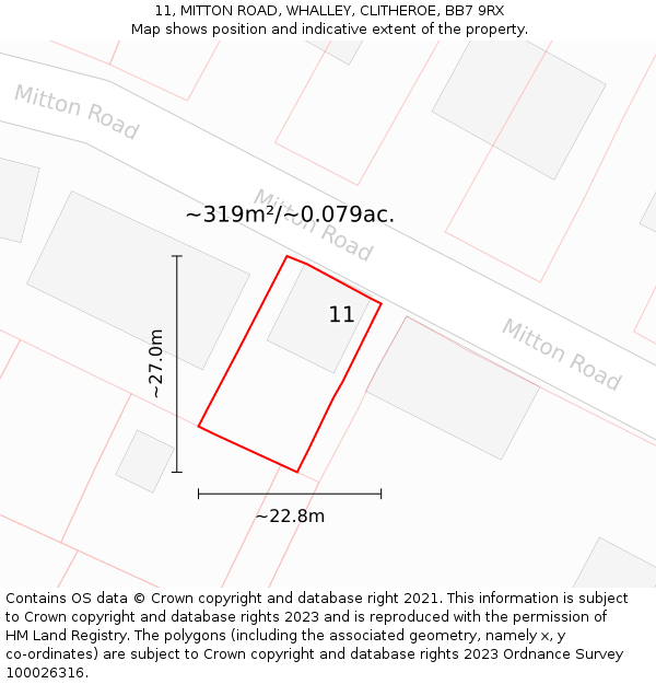 11, MITTON ROAD, WHALLEY, CLITHEROE, BB7 9RX: Plot and title map