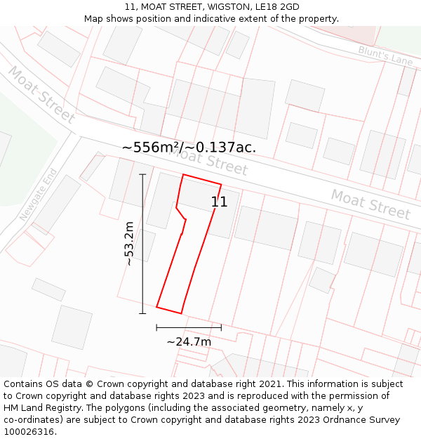 11, MOAT STREET, WIGSTON, LE18 2GD: Plot and title map