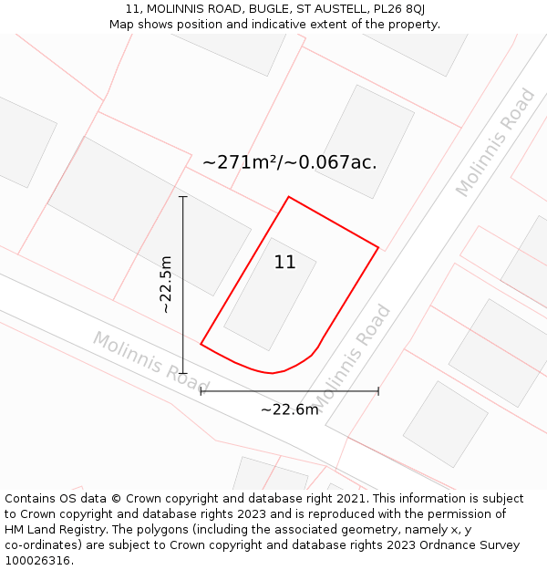 11, MOLINNIS ROAD, BUGLE, ST AUSTELL, PL26 8QJ: Plot and title map