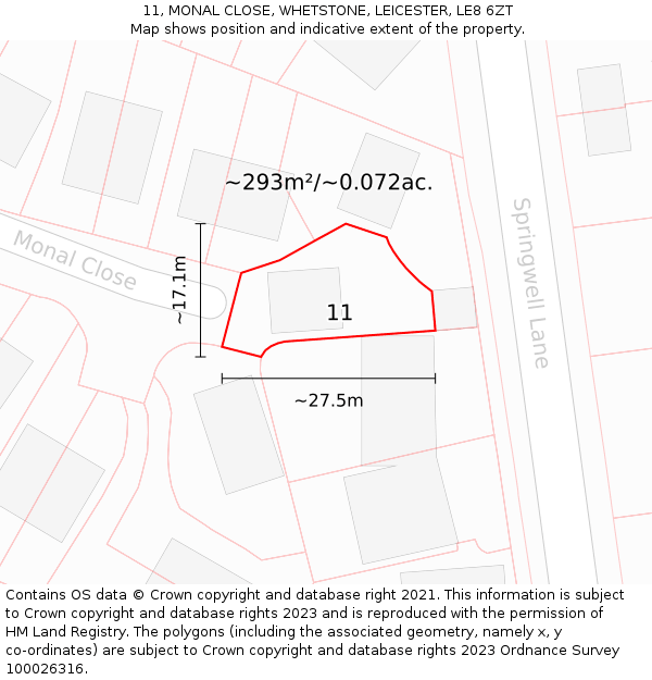 11, MONAL CLOSE, WHETSTONE, LEICESTER, LE8 6ZT: Plot and title map