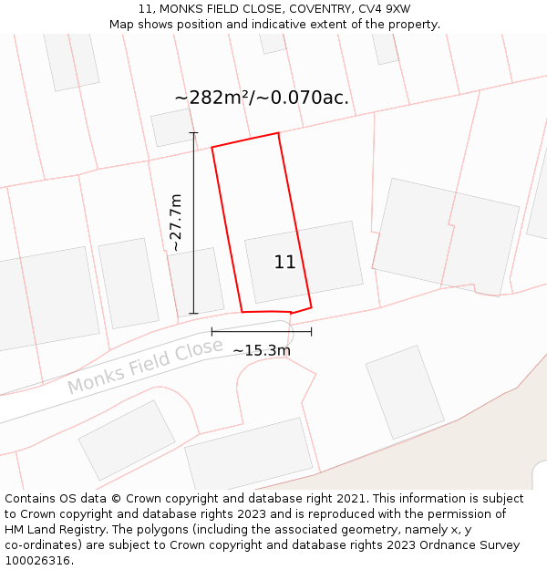 11, MONKS FIELD CLOSE, COVENTRY, CV4 9XW: Plot and title map