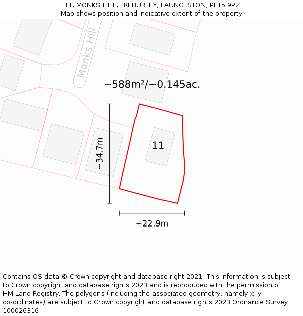 11, MONKS HILL, TREBURLEY, LAUNCESTON, PL15 9PZ: Plot and title map