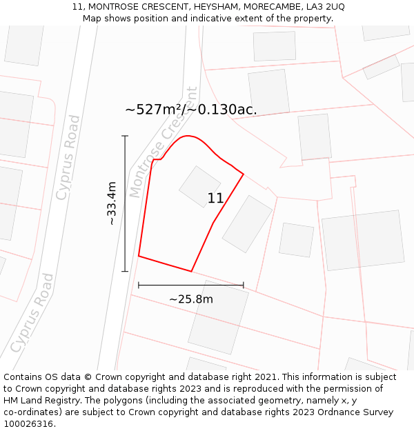 11, MONTROSE CRESCENT, HEYSHAM, MORECAMBE, LA3 2UQ: Plot and title map