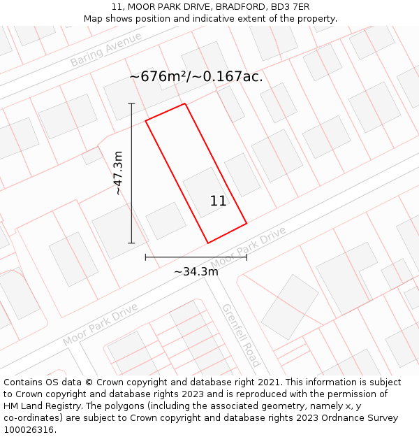 11, MOOR PARK DRIVE, BRADFORD, BD3 7ER: Plot and title map