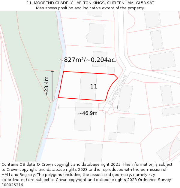 11, MOOREND GLADE, CHARLTON KINGS, CHELTENHAM, GL53 9AT: Plot and title map