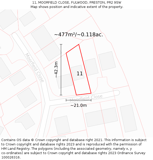 11, MOORFIELD CLOSE, FULWOOD, PRESTON, PR2 9SW: Plot and title map