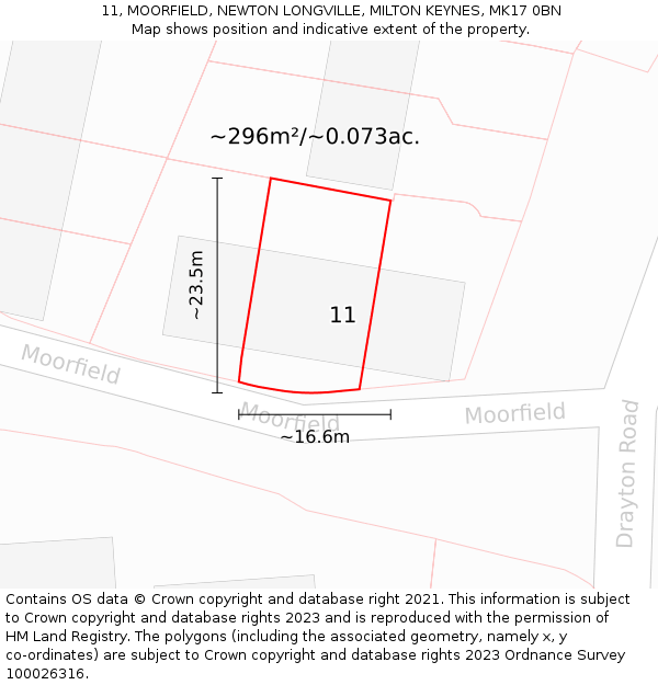 11, MOORFIELD, NEWTON LONGVILLE, MILTON KEYNES, MK17 0BN: Plot and title map