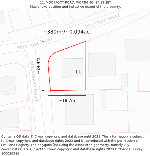 11, MOORFOOT ROAD, WORTHING, BN13 2EY: Plot and title map