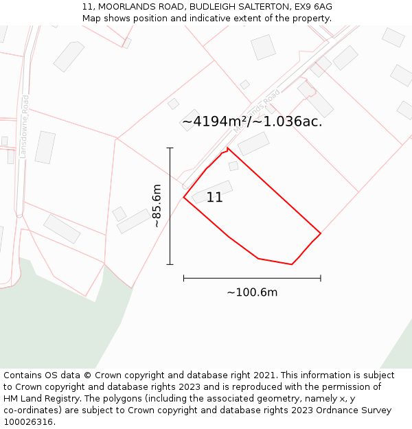 11, MOORLANDS ROAD, BUDLEIGH SALTERTON, EX9 6AG: Plot and title map