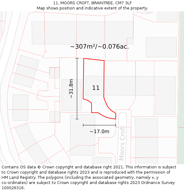 11, MOORS CROFT, BRAINTREE, CM7 3LF: Plot and title map