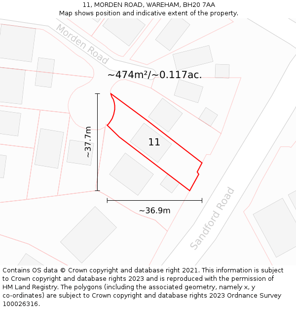 11, MORDEN ROAD, WAREHAM, BH20 7AA: Plot and title map