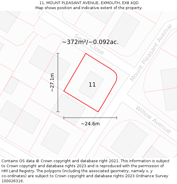 11, MOUNT PLEASANT AVENUE, EXMOUTH, EX8 4QD: Plot and title map